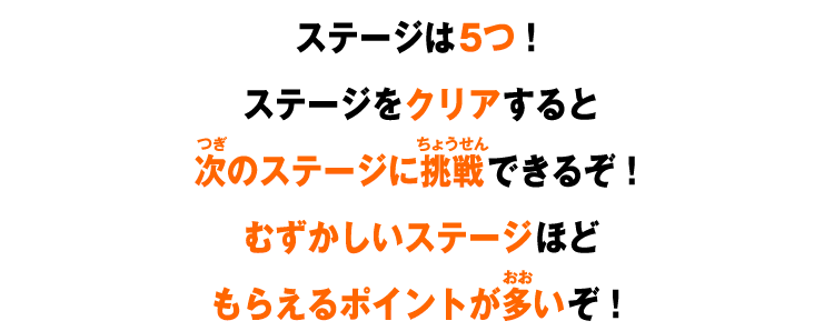 ステージは5つ！ステージをクリアすると次のステージに挑戦できるぞ！むずかしいステージほどもらえるポイントが多いぞ！