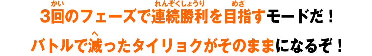 3回のフェーズで連続勝利を目指すモードだ！バトルで減ったタイリョクがそのままになるぞ！