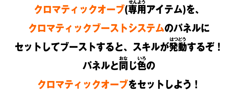 クロマティックオーブ(専用アイテム)を、クロマティックブーストシステムのパネルにセットしてブーストすると、スキルが発動するぞ！パネルと同じ色のクロマティックオーブをセットしよう！