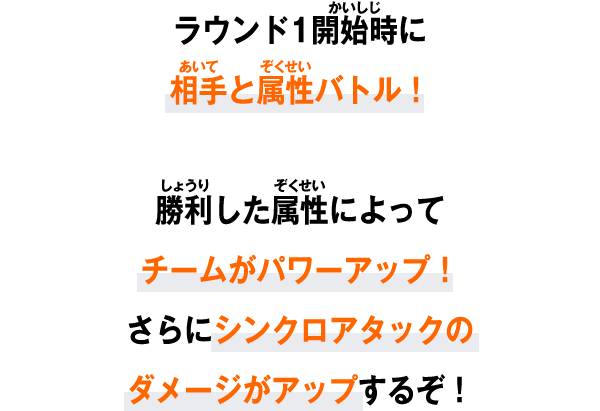 ラウンド1開始時に相手と属性バトル！勝利した属性によってチームがパワーアップ！さらにシンクロアタックのダメージがアップするぞ！